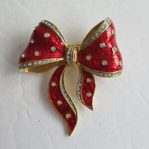 Red Enamel Rhinestone 3D Bow Pin Brooch Gold Tone Metal 2" Fashion Statement Pin